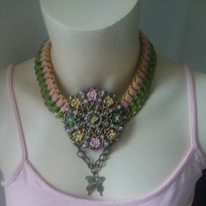 Handmade recycled flower butterfly dangle statement necklace choker OOAK